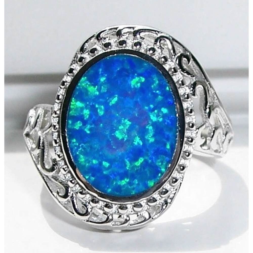 925 STERLING SILVER Lab Created Blue Fire Opal Ring - Picture 2 of 16